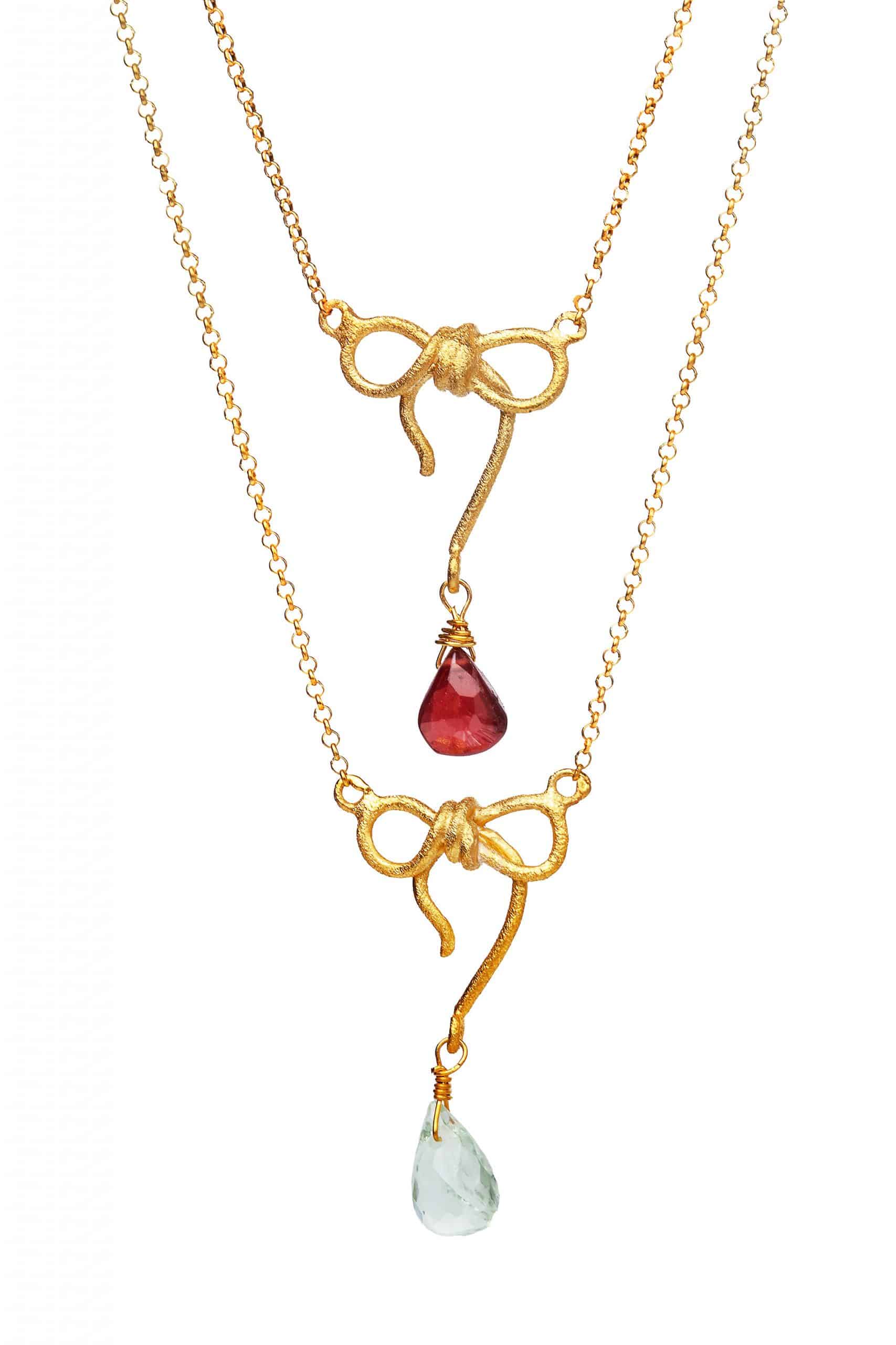 Bow and garnet gold plated silver necklace gallery 2