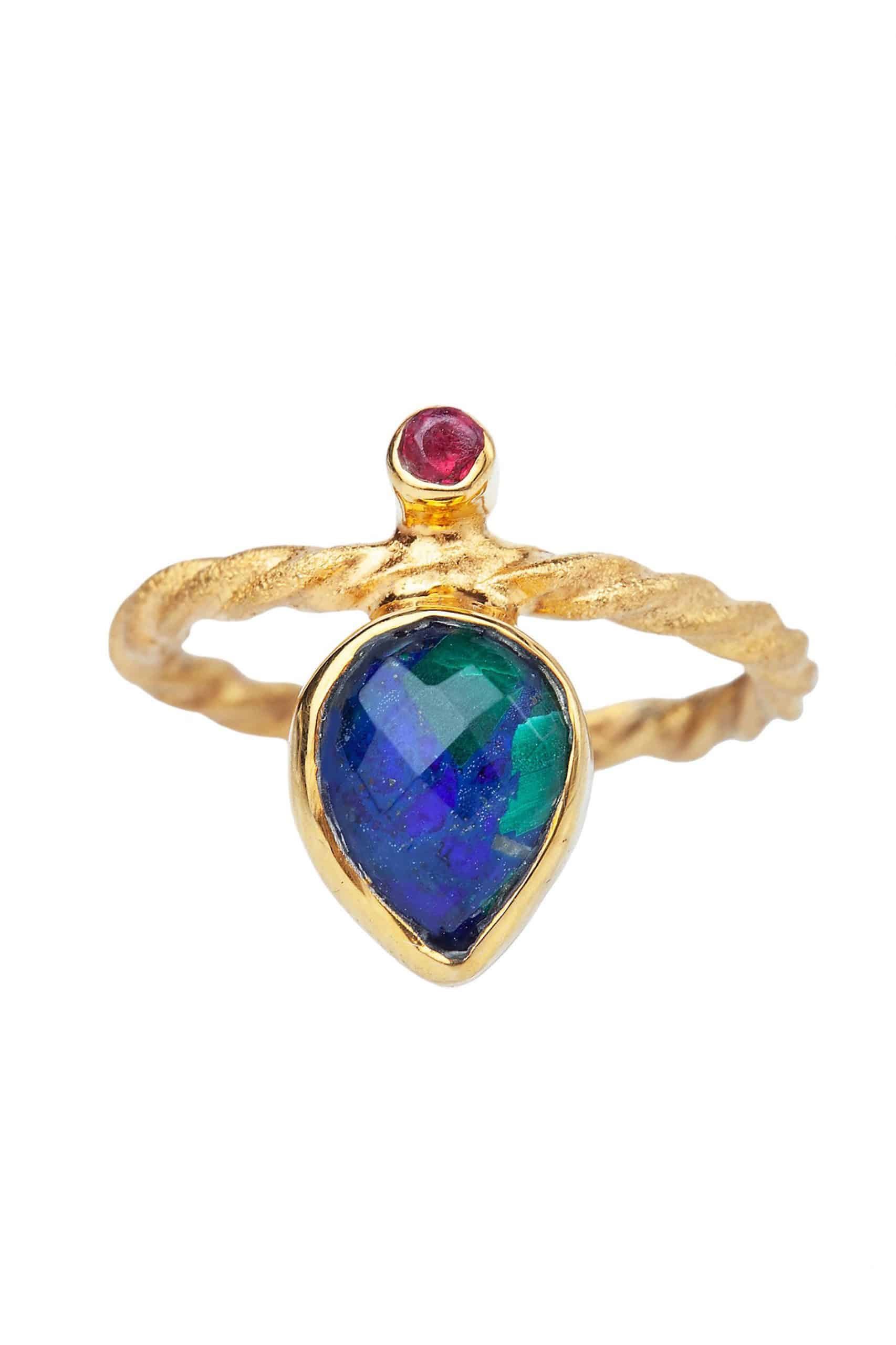 Azurite and malachite gold plated silver ring main