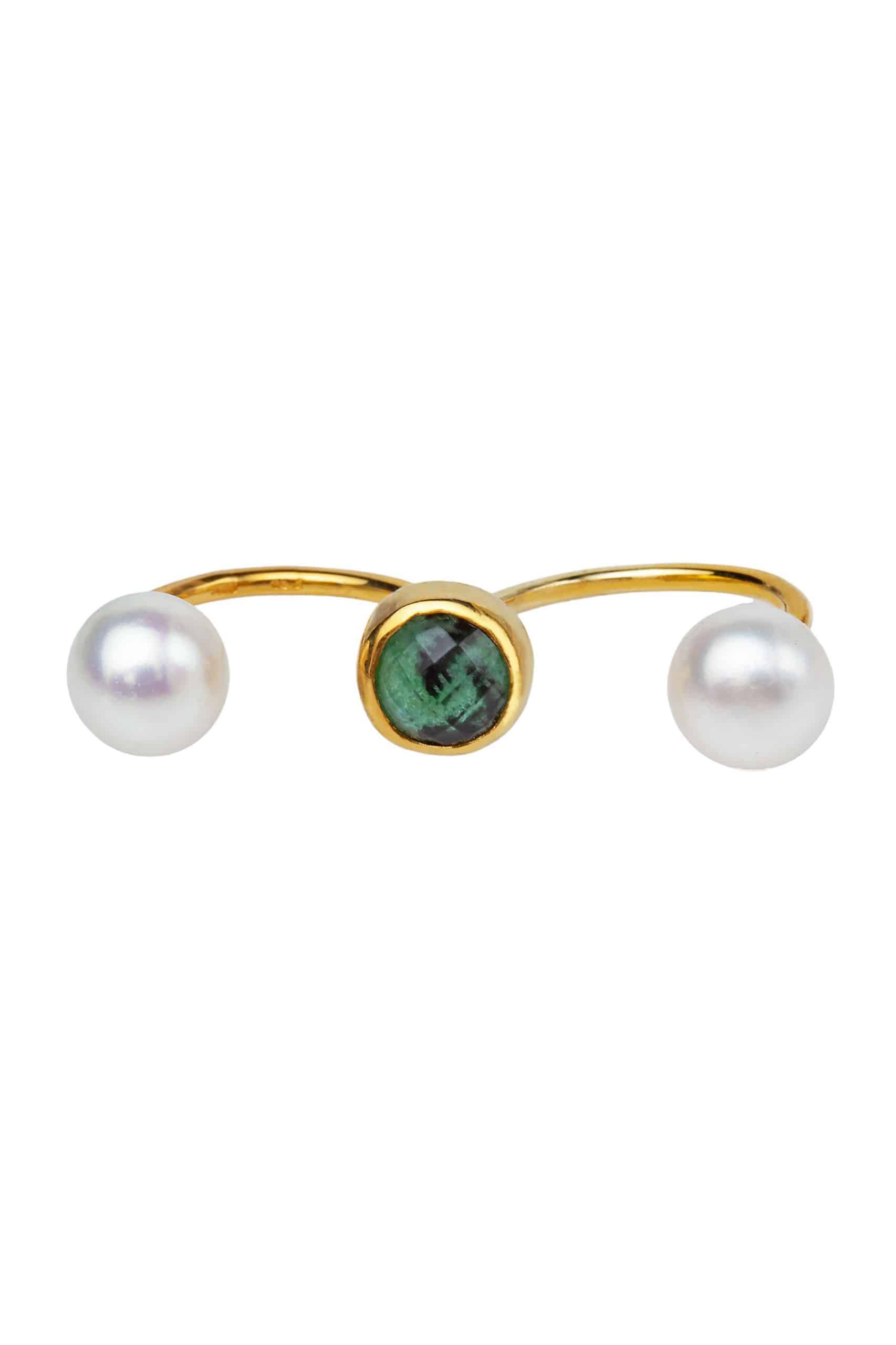 Zoisite and pearls gold plated double ring gallery 2