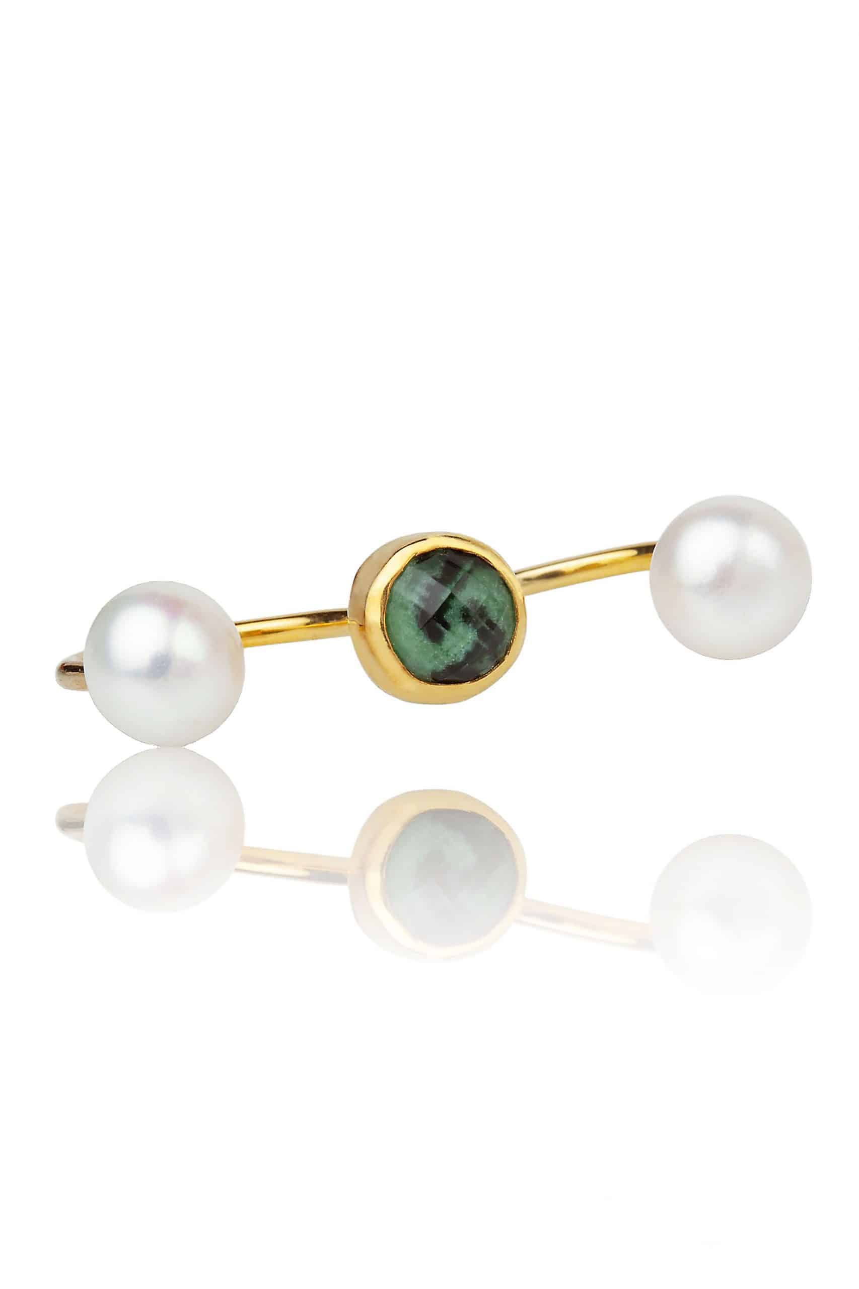 Zoisite and pearls gold plated double ring gallery 1