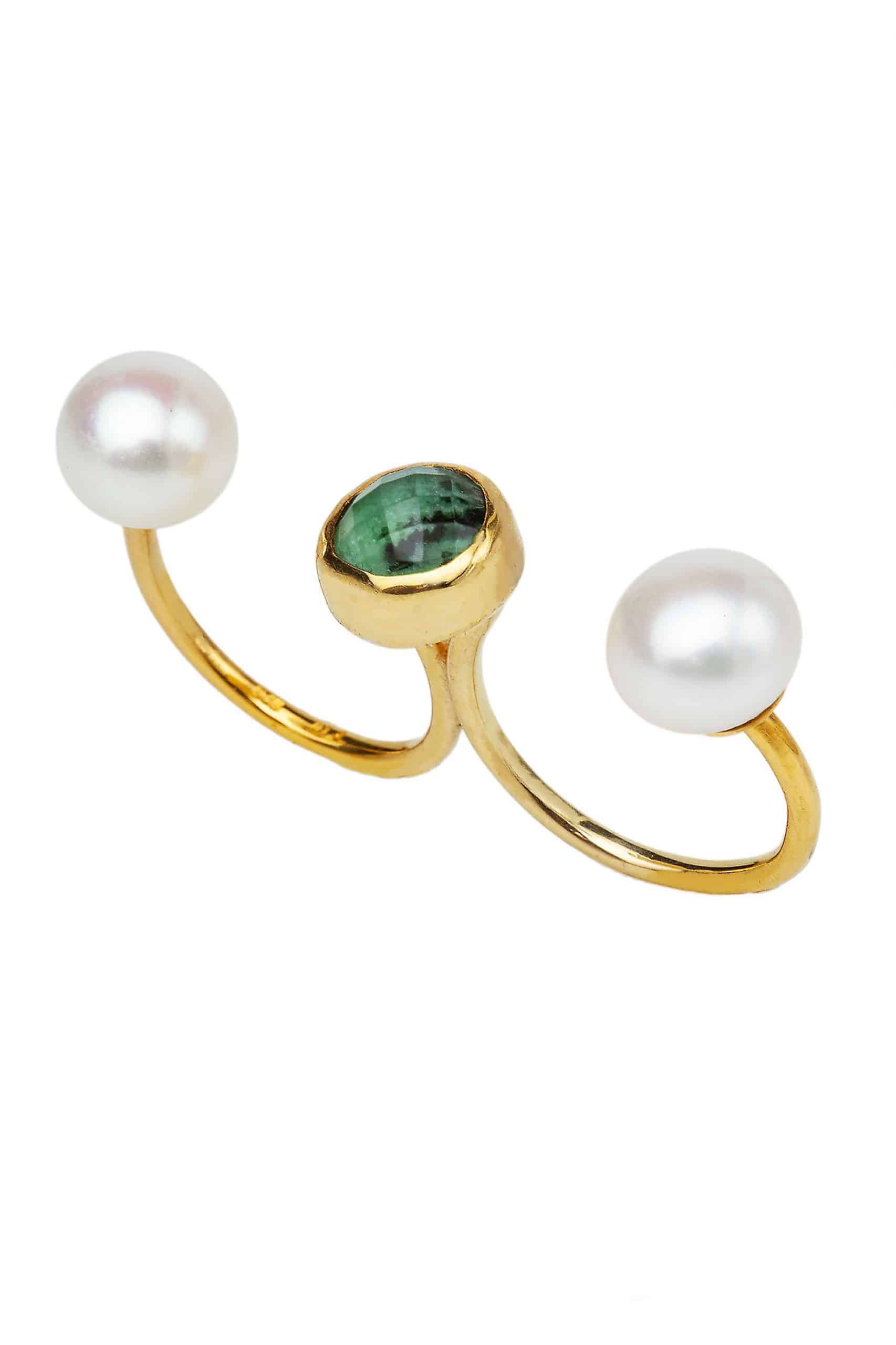 Zoisite and pearls gold plated double ring main