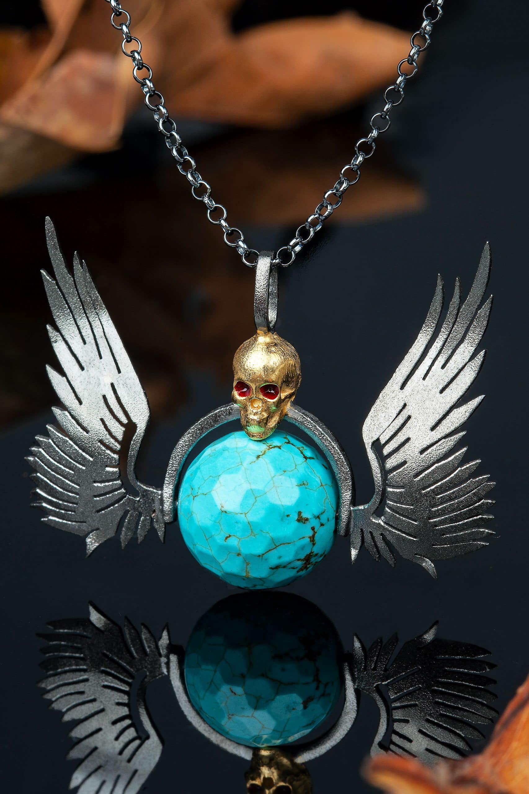 Wings and scull black silver necklace main