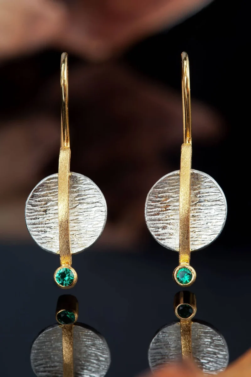 Handmade Jewellery | Textured handmade earrings with green zircon gallery 1