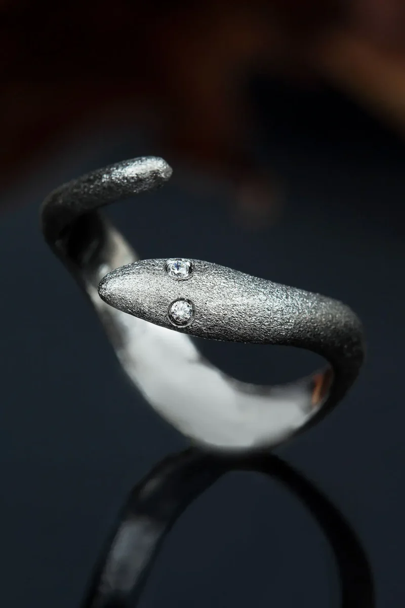 Handmade Jewellery | Snake black handmade silver ring with zircon gallery 1