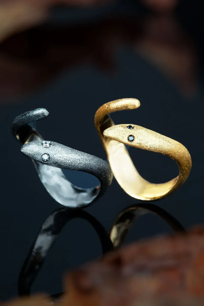 Handmade Jewellery | Snake black handmade silver ring with zircon gallery 3
