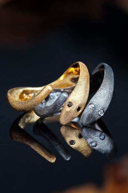 Snake gold plated silver ring with black zircon gallery 1
