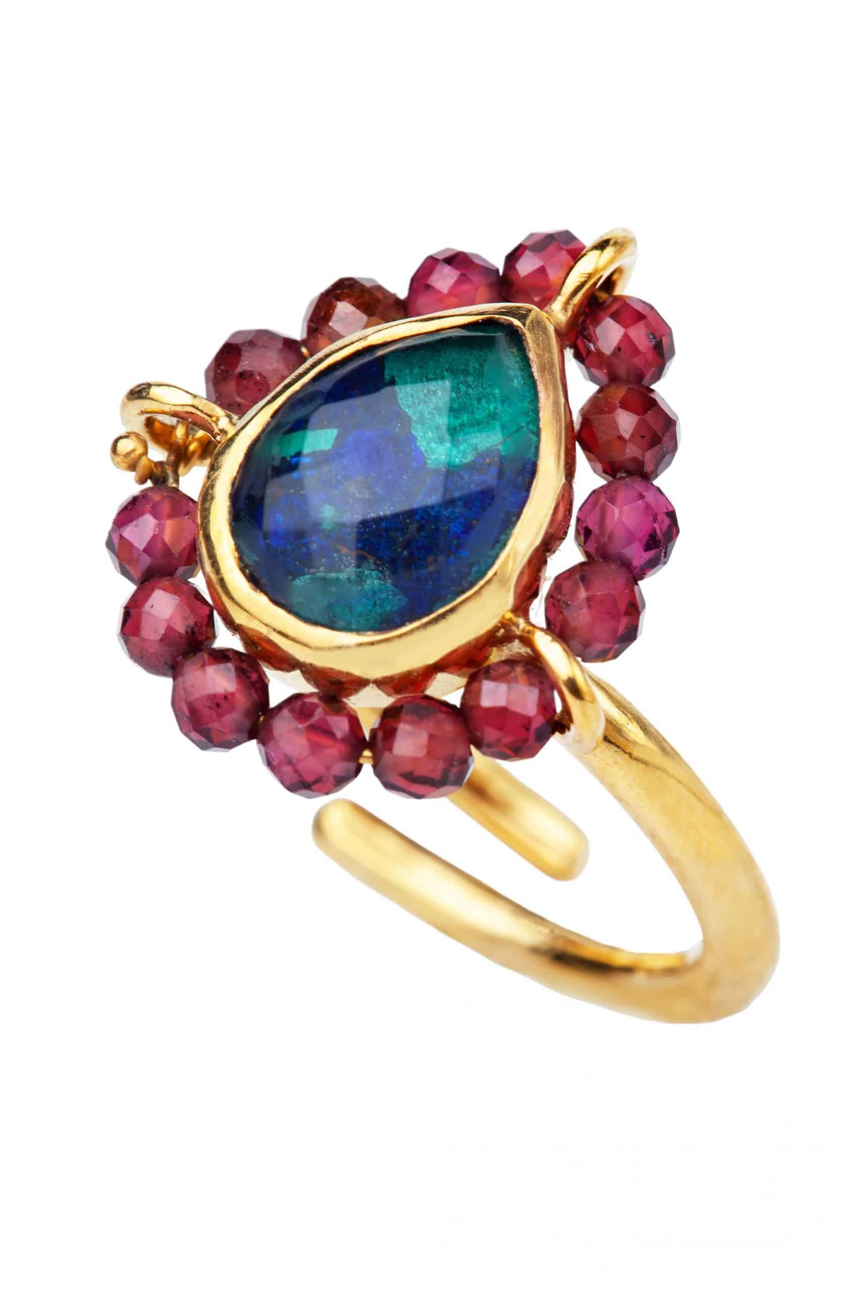 Tear shaped azurite and malachite gold plated silver ring main