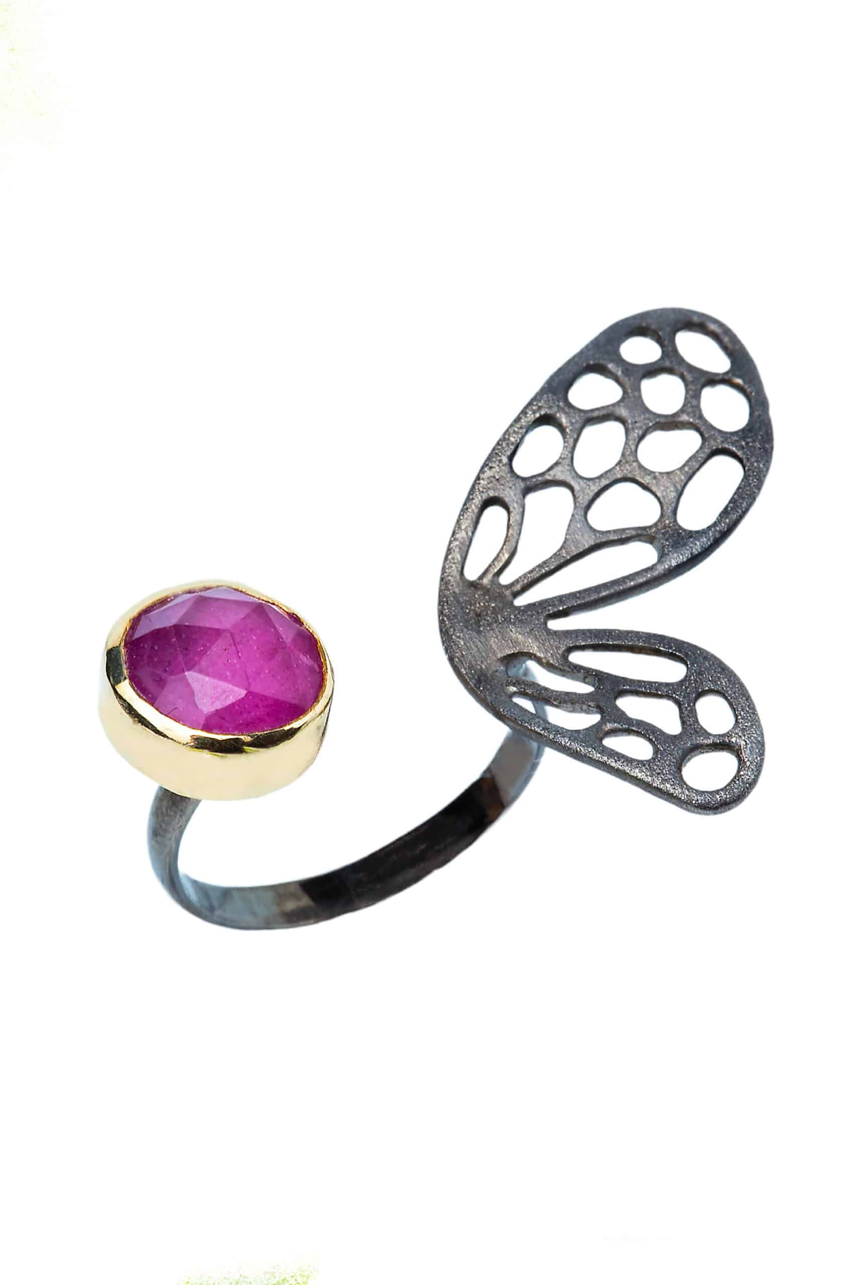 Butterfly ruby black silver ring gallery 1