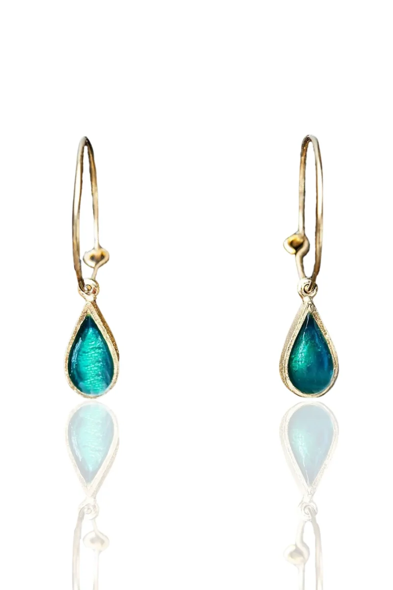 Handmade Jewellery | Drops gold plated silver hoops with green enamel main