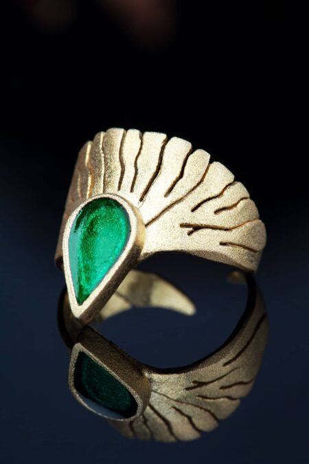 Wing gold plated silver ring with green enamel main