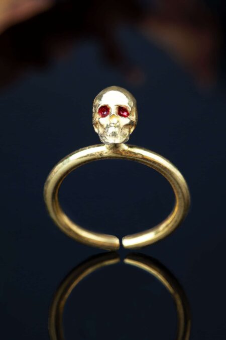 Scull gold plated silver ring with red enamel details main