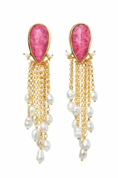 Handmade Jewellery | Tulite and Pearls long drop gold plated silver earrings main