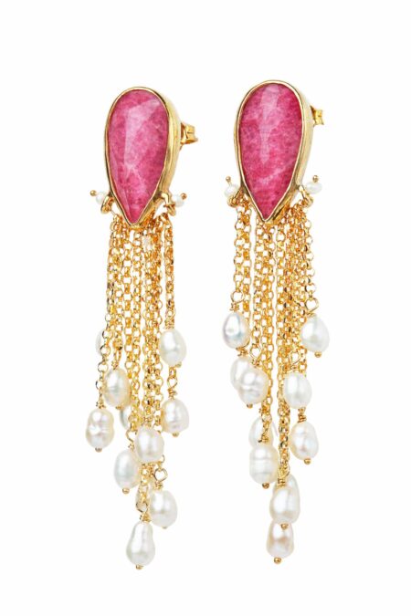 Handmade Jewellery | Tulite and Pearls long drop gold plated silver earrings gallery 2