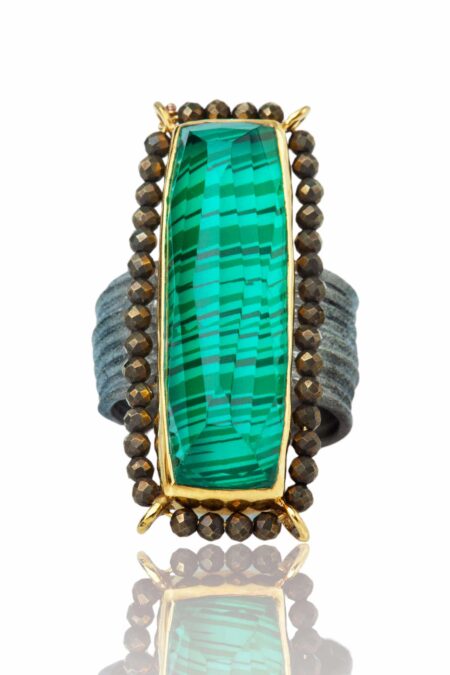 Malachite gold and black rhodium plated silver ring with pyrite gallery 2