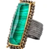 Handmade Jewellery | Malachite gold and black rhodium plated silver ring with pyrite main