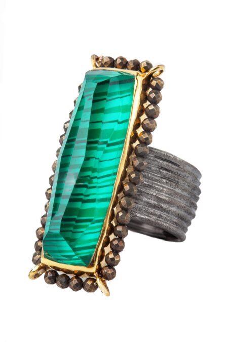 Malachite gold and black rhodium plated silver ring with pyrite main