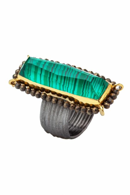 Malachite gold and black rhodium plated silver ring with pyrite gallery 1