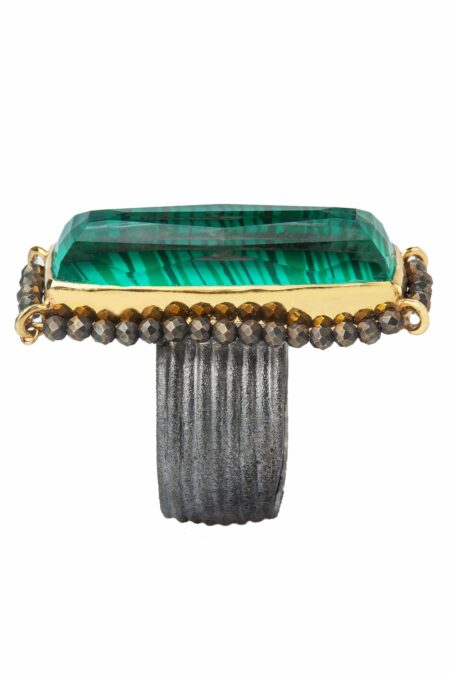 Malachite gold and black rhodium plated silver ring with pyrite gallery 3