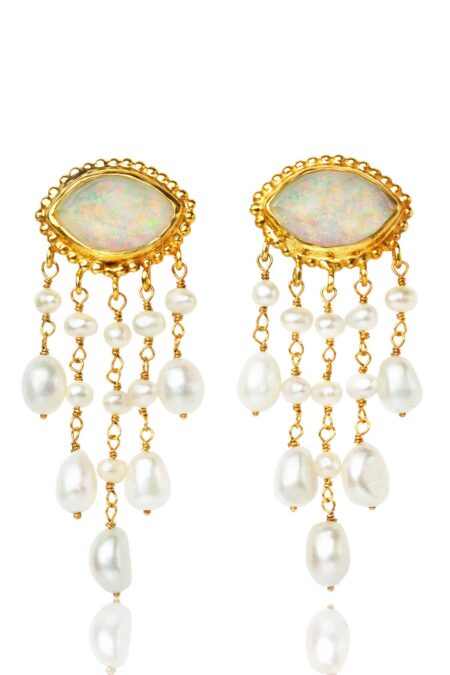 Handmade Jewellery | Opal eyes gold plated silver earrings with pearls main