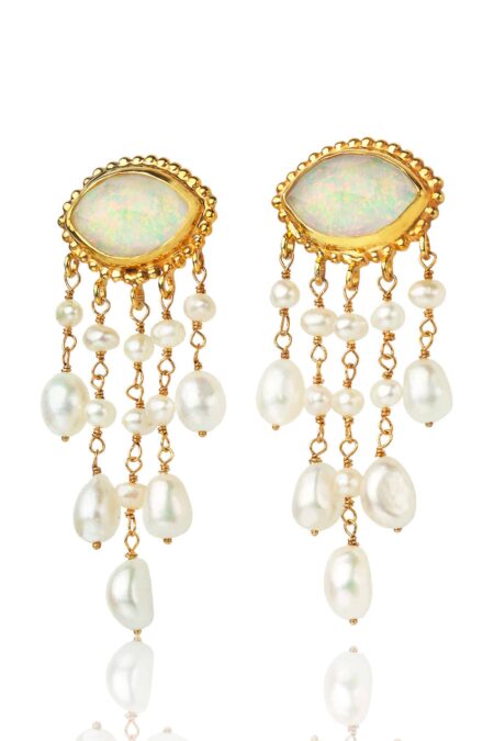 Handmade Jewellery | Opal eyes gold plated silver earrings with pearls gallery 2