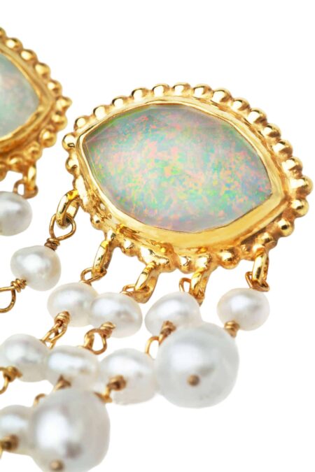 Handmade Jewellery | Opal eyes gold plated silver earrings with pearls gallery 1