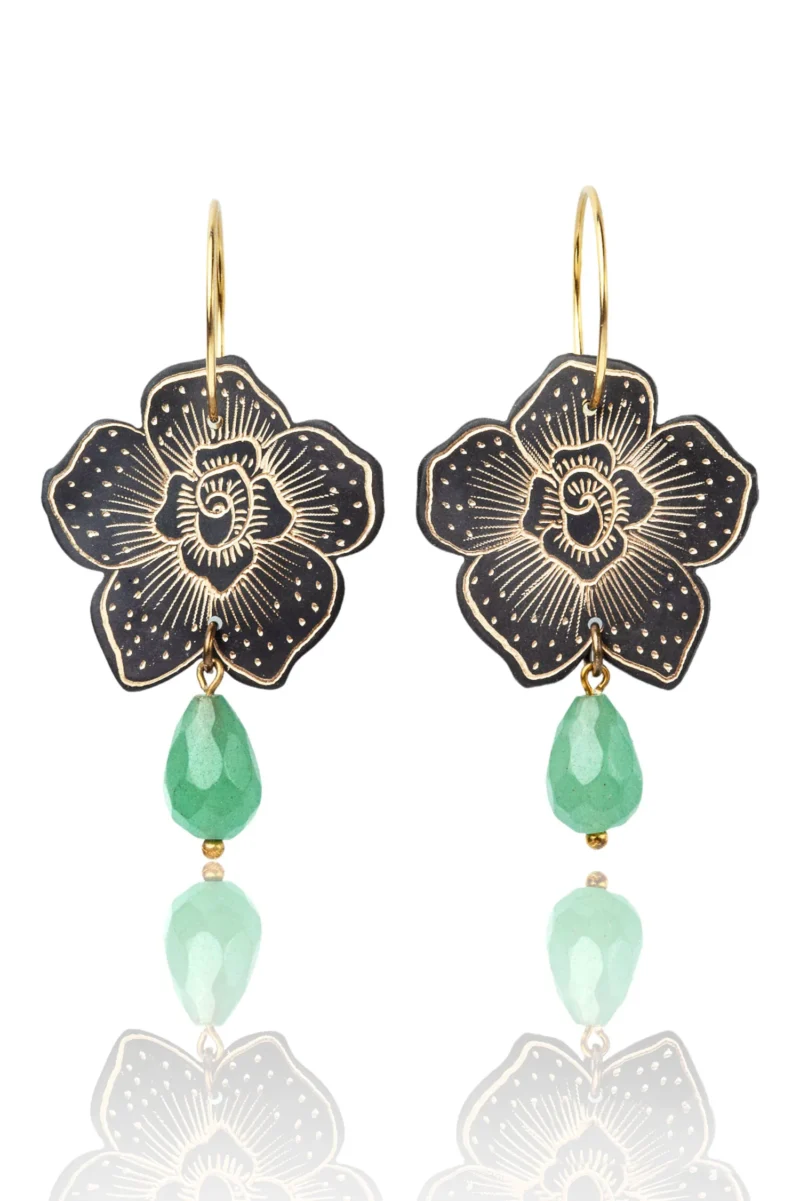 Handmade Jewellery | Flower engraved bronze earrings with green jade main
