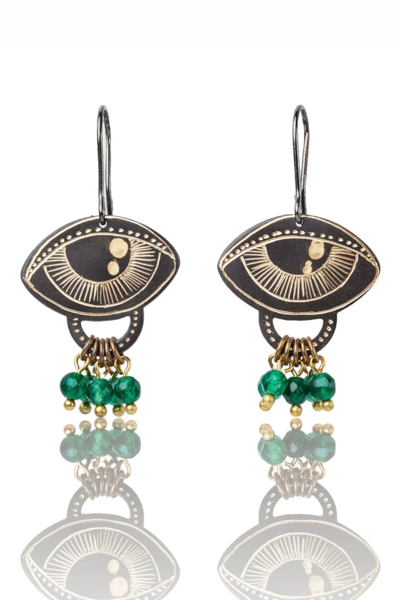Handmade Jewellery | Eyes engraved bronze and silver earrings with green agate main