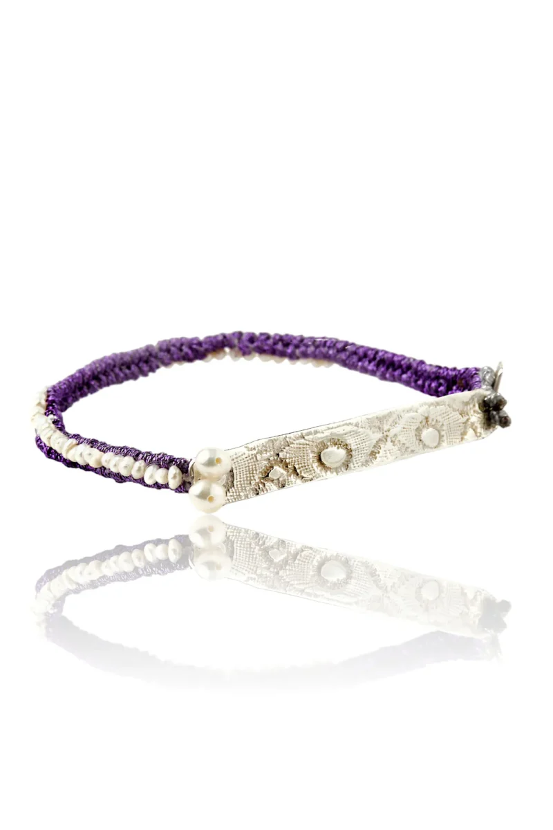 Handmade Jewellery | Woven purple bracelet with silver and pearls main