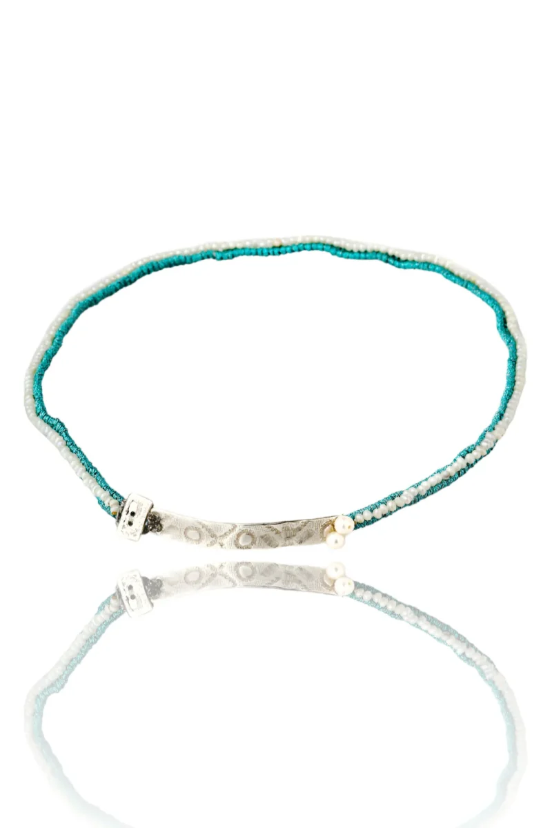 Handmade Jewellery | Woven and silver turquoise necklace & bracelet with pearls main