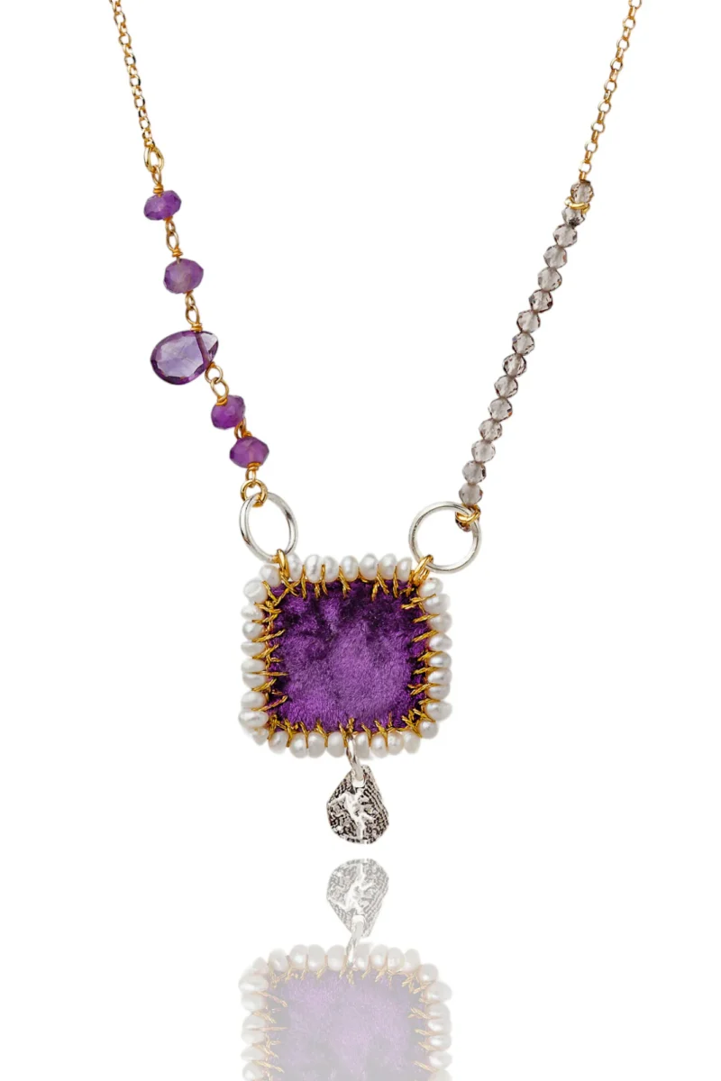 Handmade Jewellery | Amethyst gold plated silver necklace with velvet and pearls main