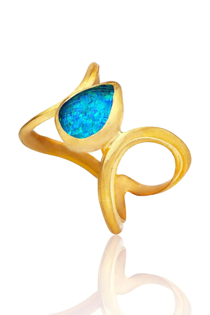 Handmade Jewellery | Paisley handmade gold plated silver ring with blue opal main