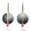 Handmade Jewellery | Round handmade silver earrings with fuchsia zircon, gold and black rhodium plated. main