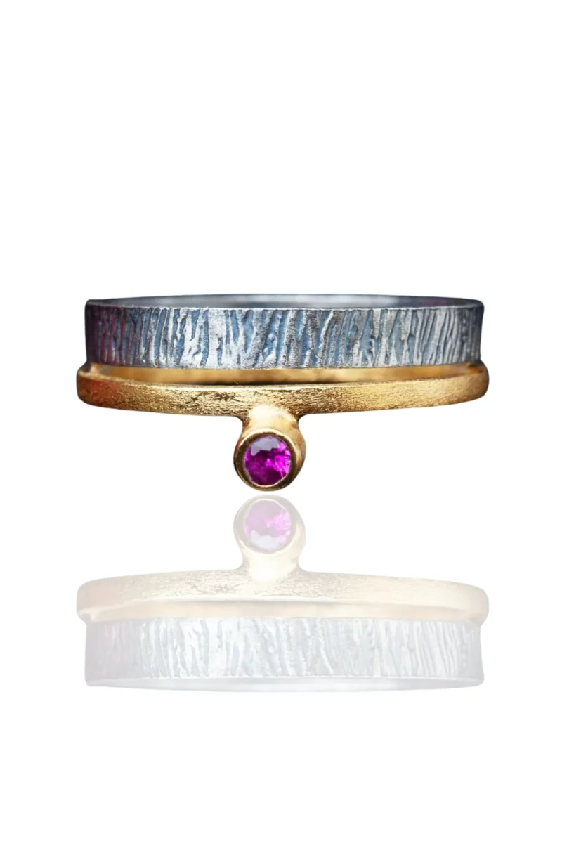 Handmade Jewellery | Silver textured ring with pink zircon main