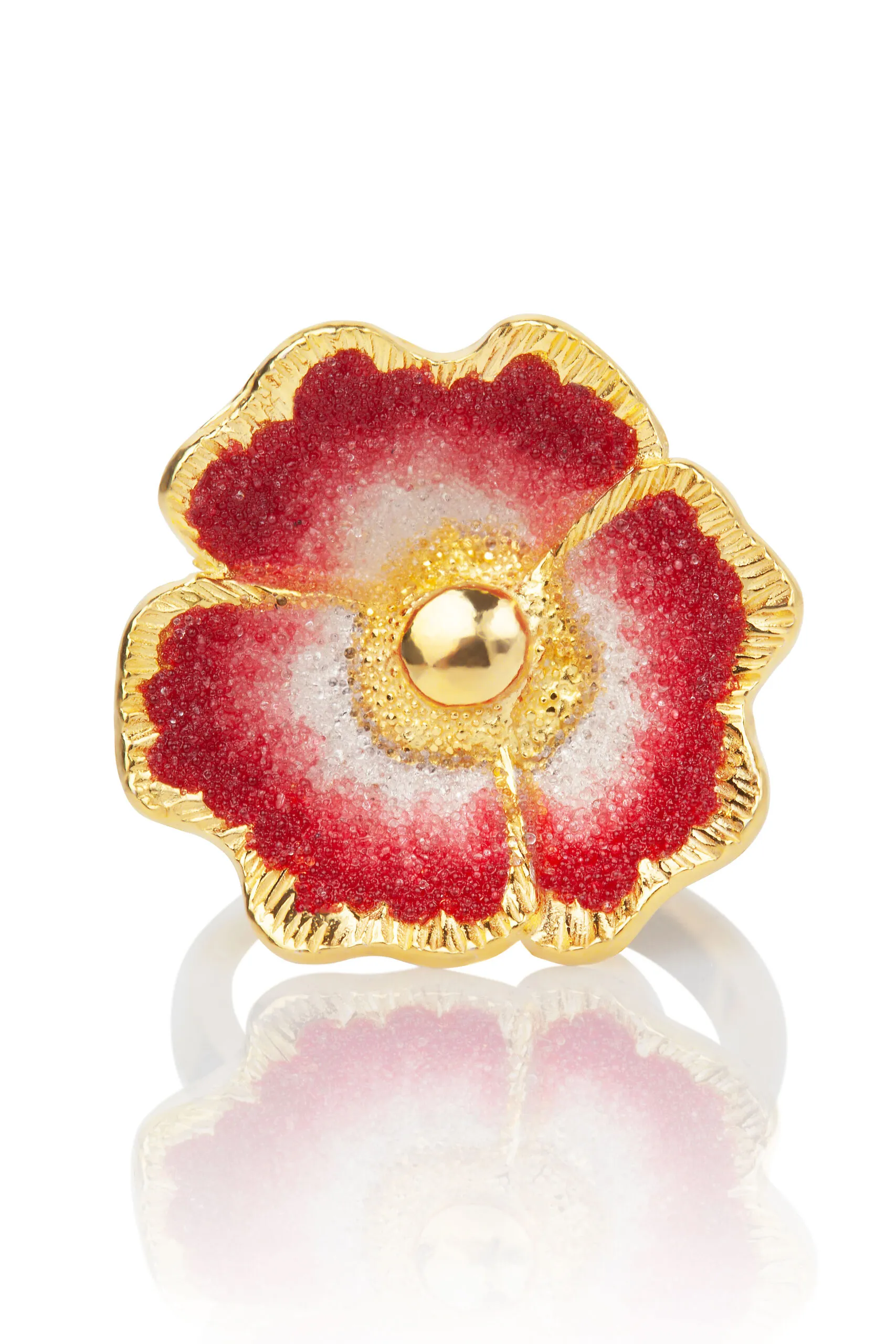 Handmade Jewellery | Red flower handmade gold plated silver ring gallery 3