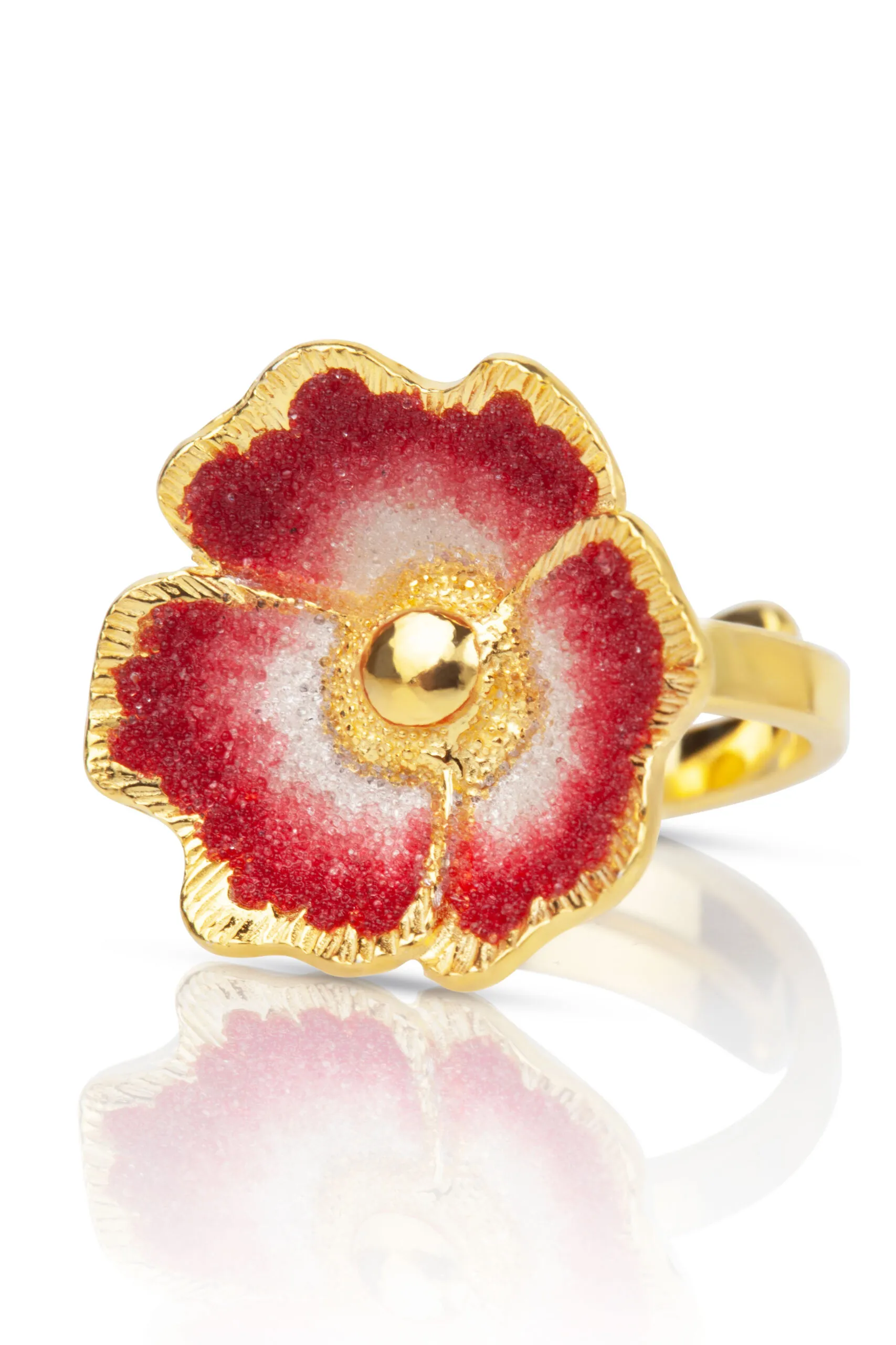 Handmade Jewellery | Red flower handmade gold plated silver ring gallery 4
