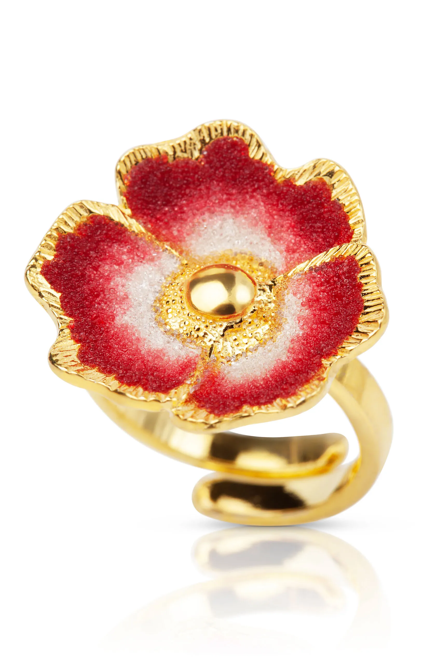 Red flower handmade gold-plated silver ring