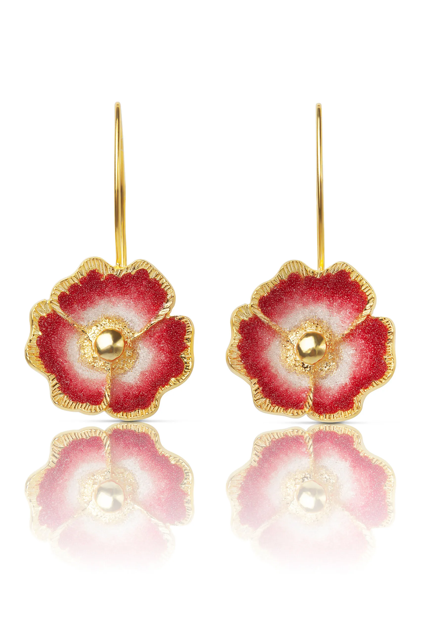 Handmade Jewellery | Red flowers handmade gold plated silver earrings main