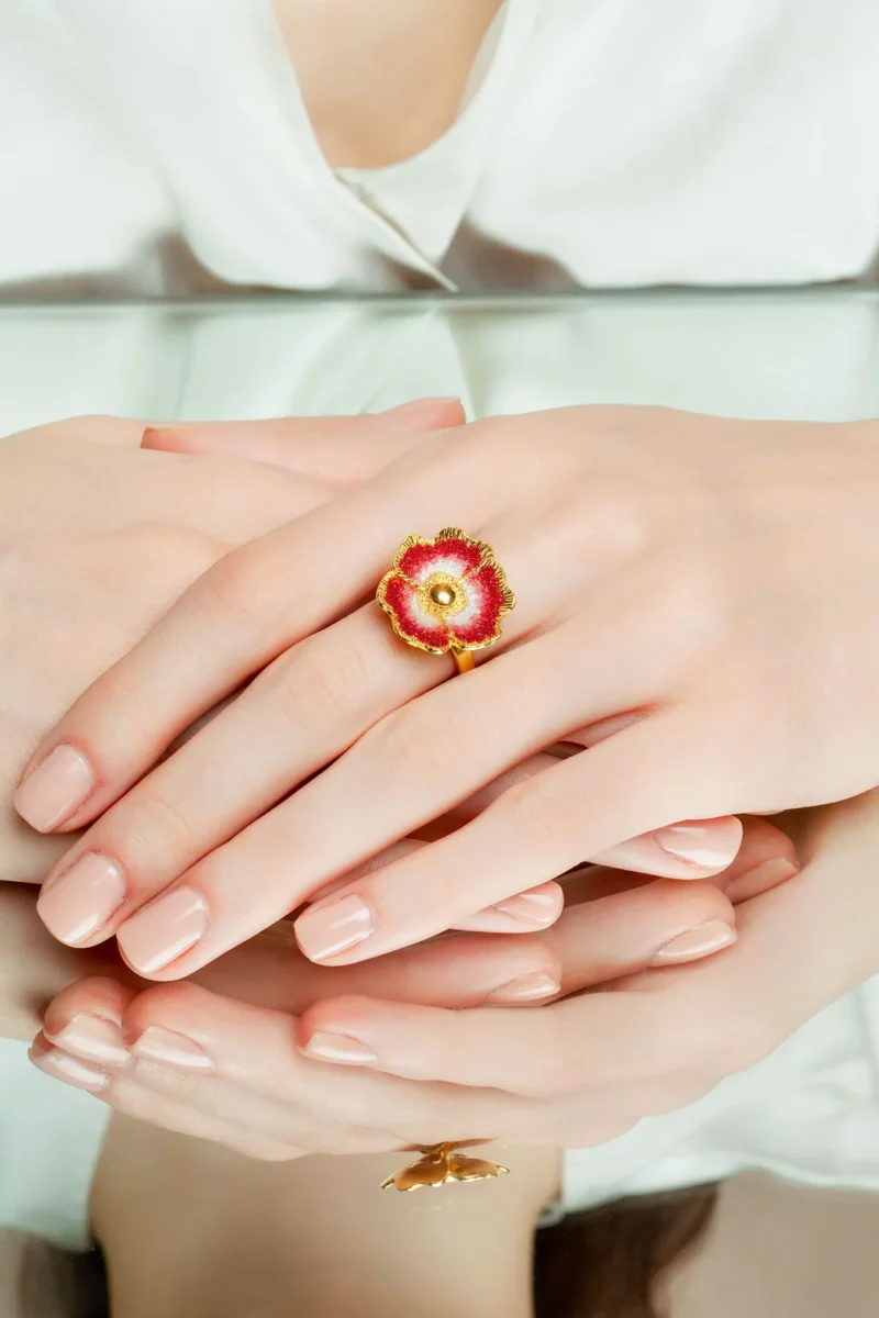 Handmade Jewellery | Red flower handmade gold plated silver ring gallery 1