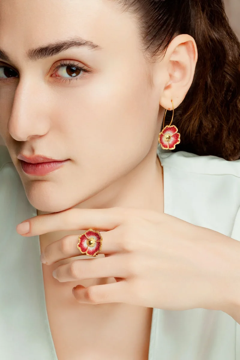 Handmade Jewellery | Red flower handmade gold plated silver ring gallery 2