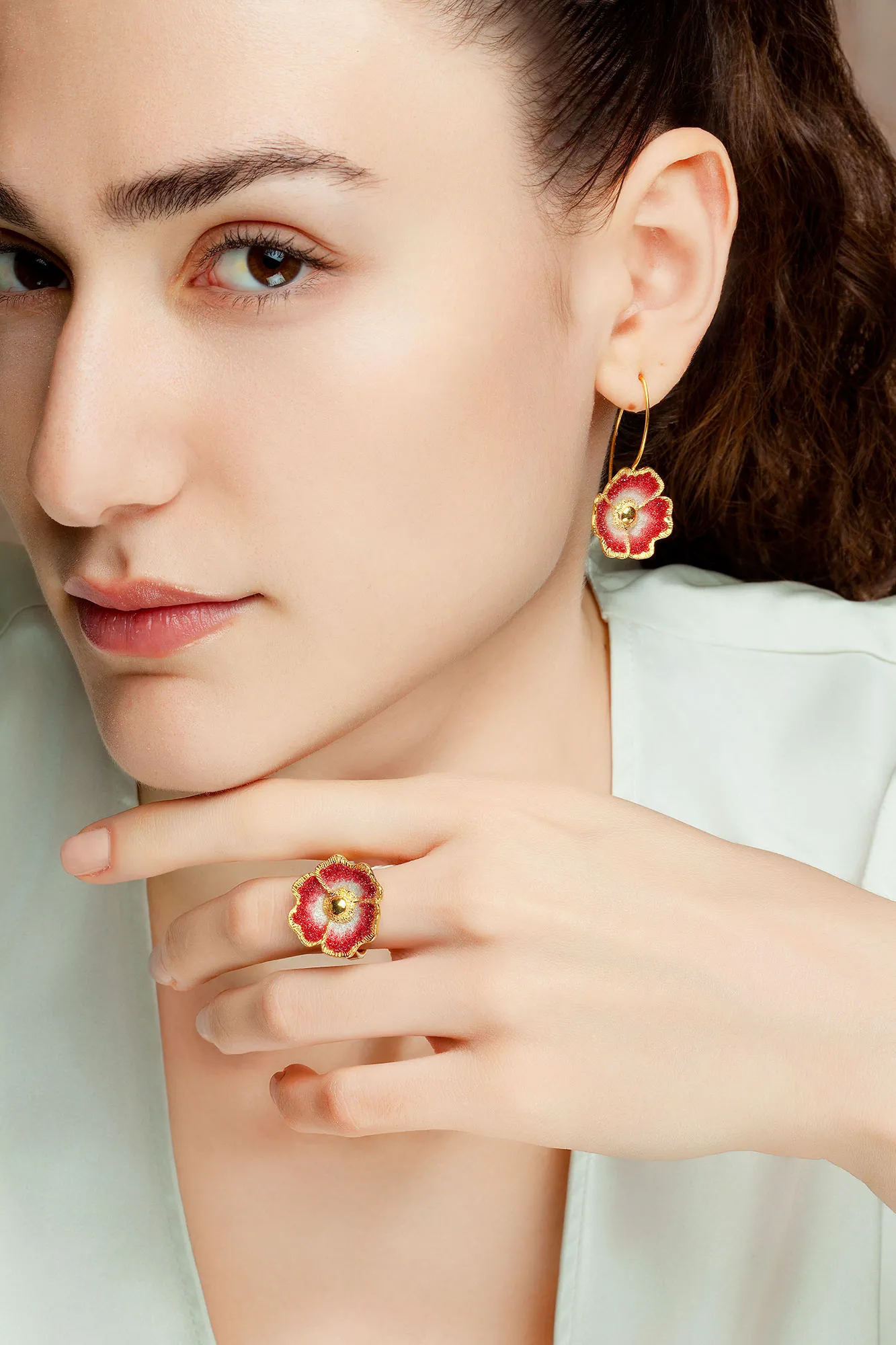 Handmade Jewellery | Red flower handmade gold plated silver ring gallery 2