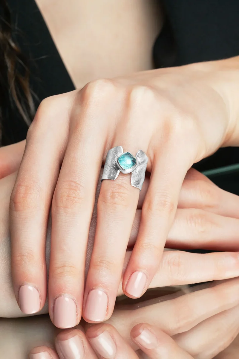 Handmade Jewellery | Aqua marine textured silver ring gallery 1
