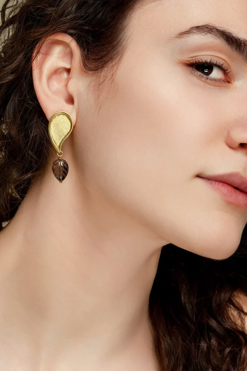 Handmade Jewellery | Smoky quartz paisley gold plated silver earrings gallery 1