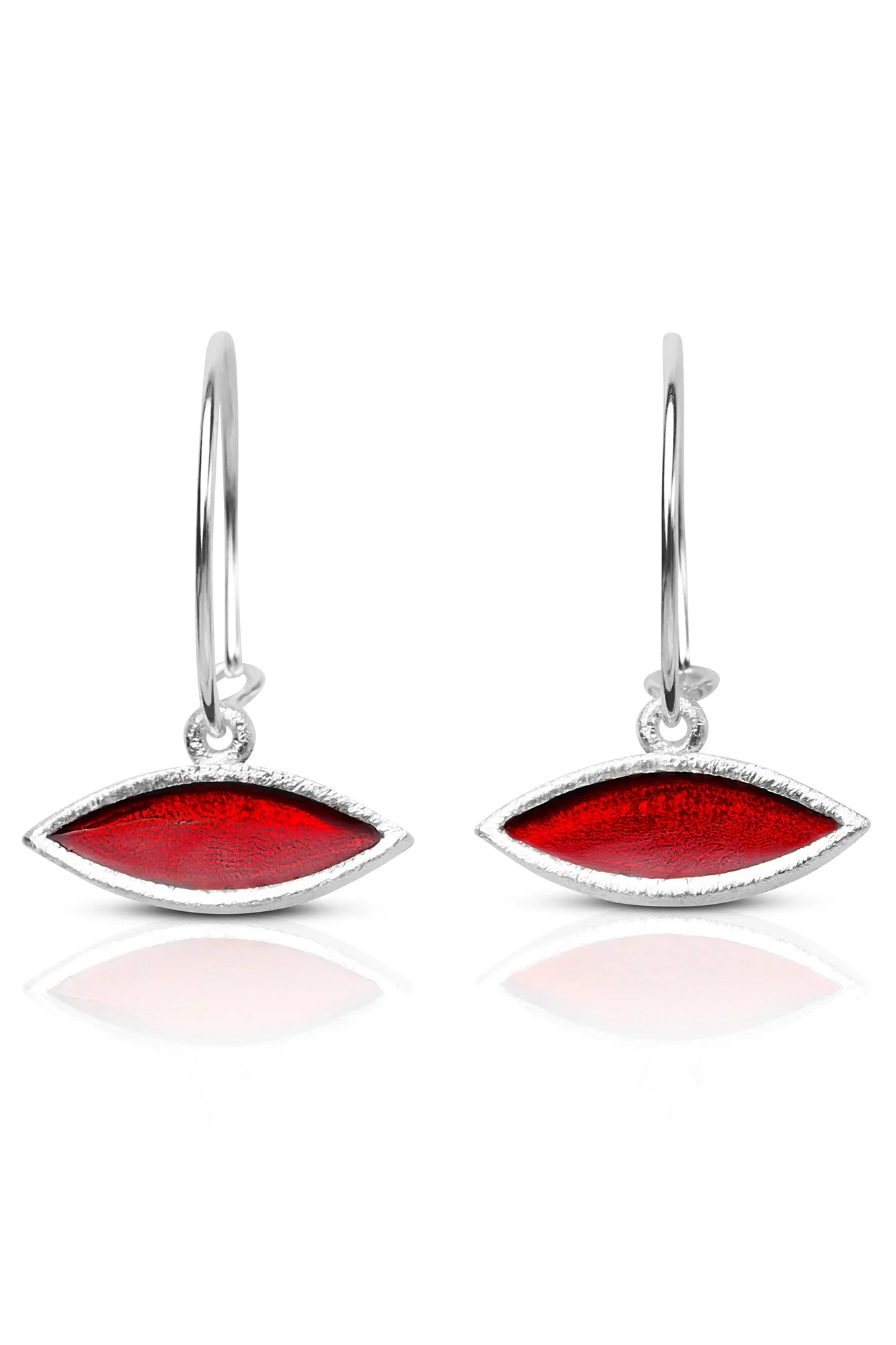 Handmade hoops adorned with eye elements and red enamel