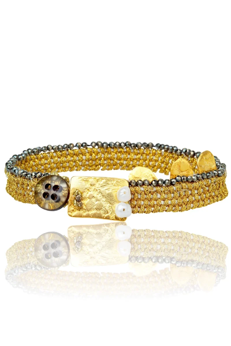 Handmade Jewellery | Gold plated silver & woven bracelet with pyrite main