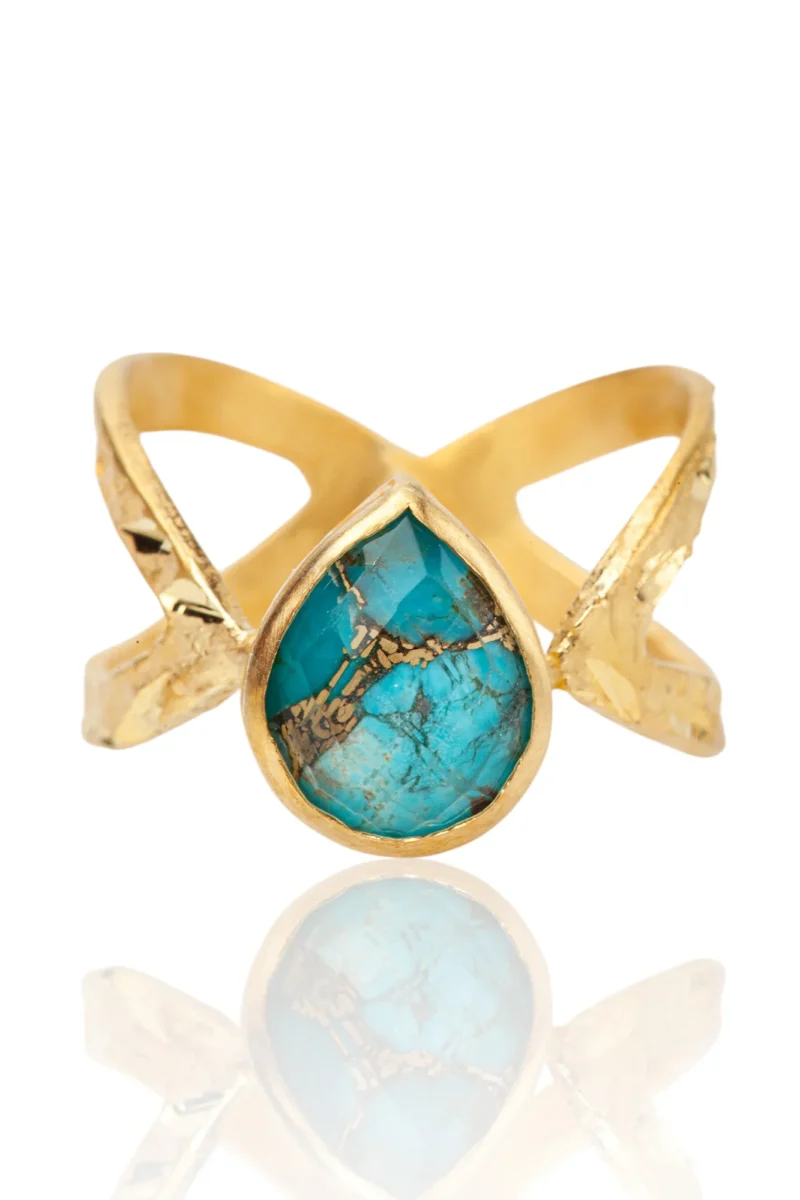 Handmade Jewellery | Leaf Chrysocolla gold plated textured silver ring gallery 1
