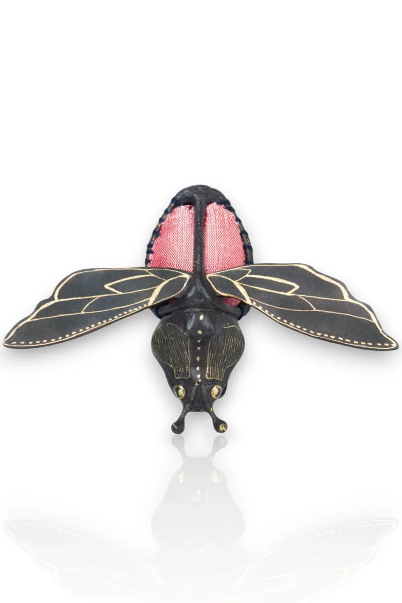 Handmade Jewellery | Beetle engraved bronze brooch with pink silk gallery 1