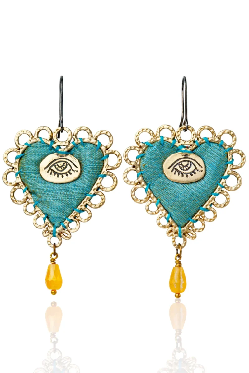 Handmade Jewellery | Hearts & Eyes handmade earrings with blue silk fabric main