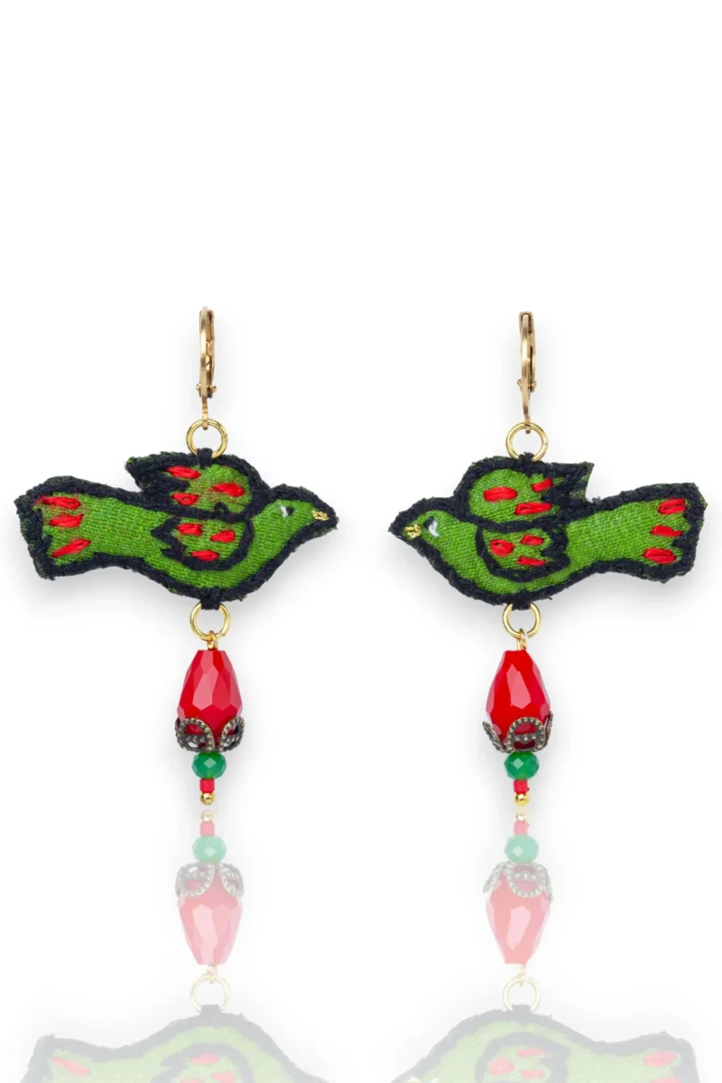 Handmade Jewellery | Embroidered Green Bird Earrings main