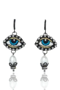 Handmade Jewellery | Embroidered Evil Eye & Pearl Drop Dangle Earrings main