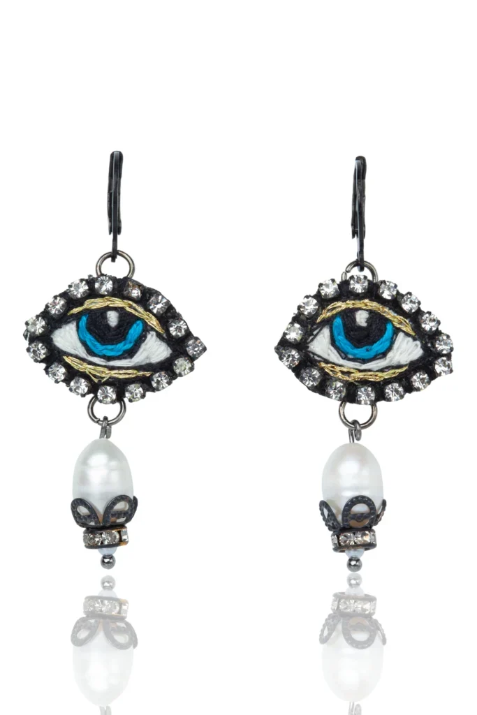 Handmade Jewellery | Embroidered Evil Eye & Pearl Drop Dangle Earrings main
